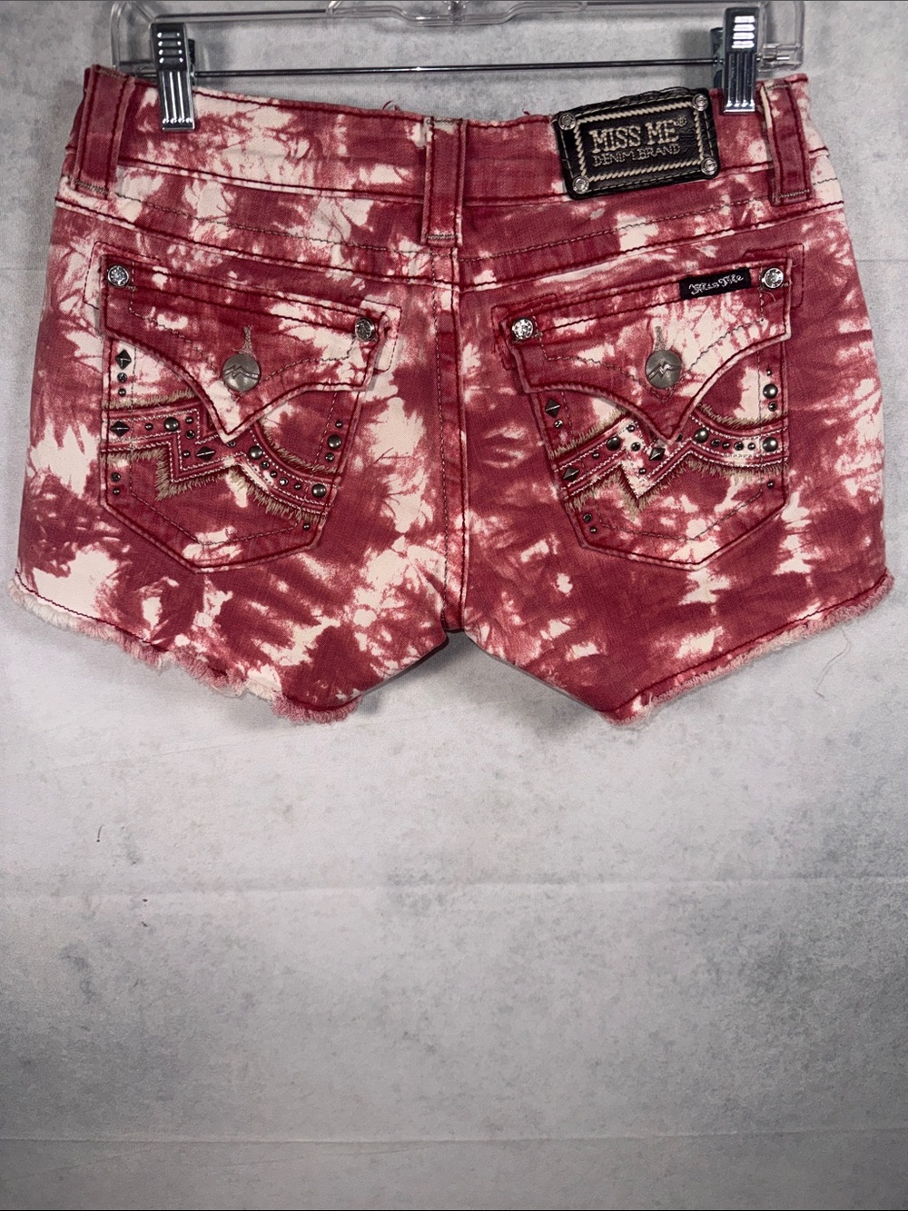 Miss Me Red Tie-Dye Denim Cutoff Shorts with Stud Accents - Picture 2 of 5